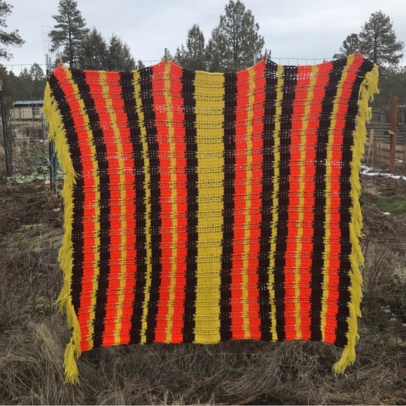 Vintage 1970s Striped Crochet Afghan Blanket with Fringe - Picture 2 of 5